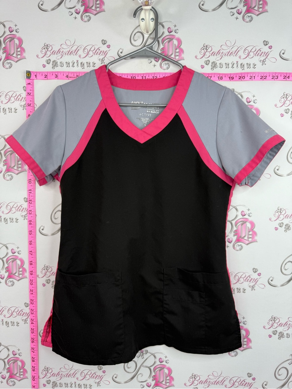 Grey's Anatomy Black V-Neck Scrub Top with Gray and Pink Trim active